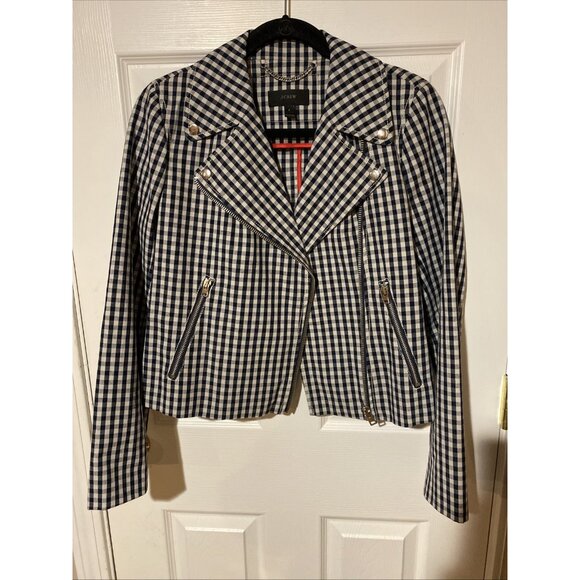 J.CREW Jackets & Blazers - J Crew Gingham Moto Jacket Sz 4 Womens Plaid Biker Zip Crop Jacket Navy Blue